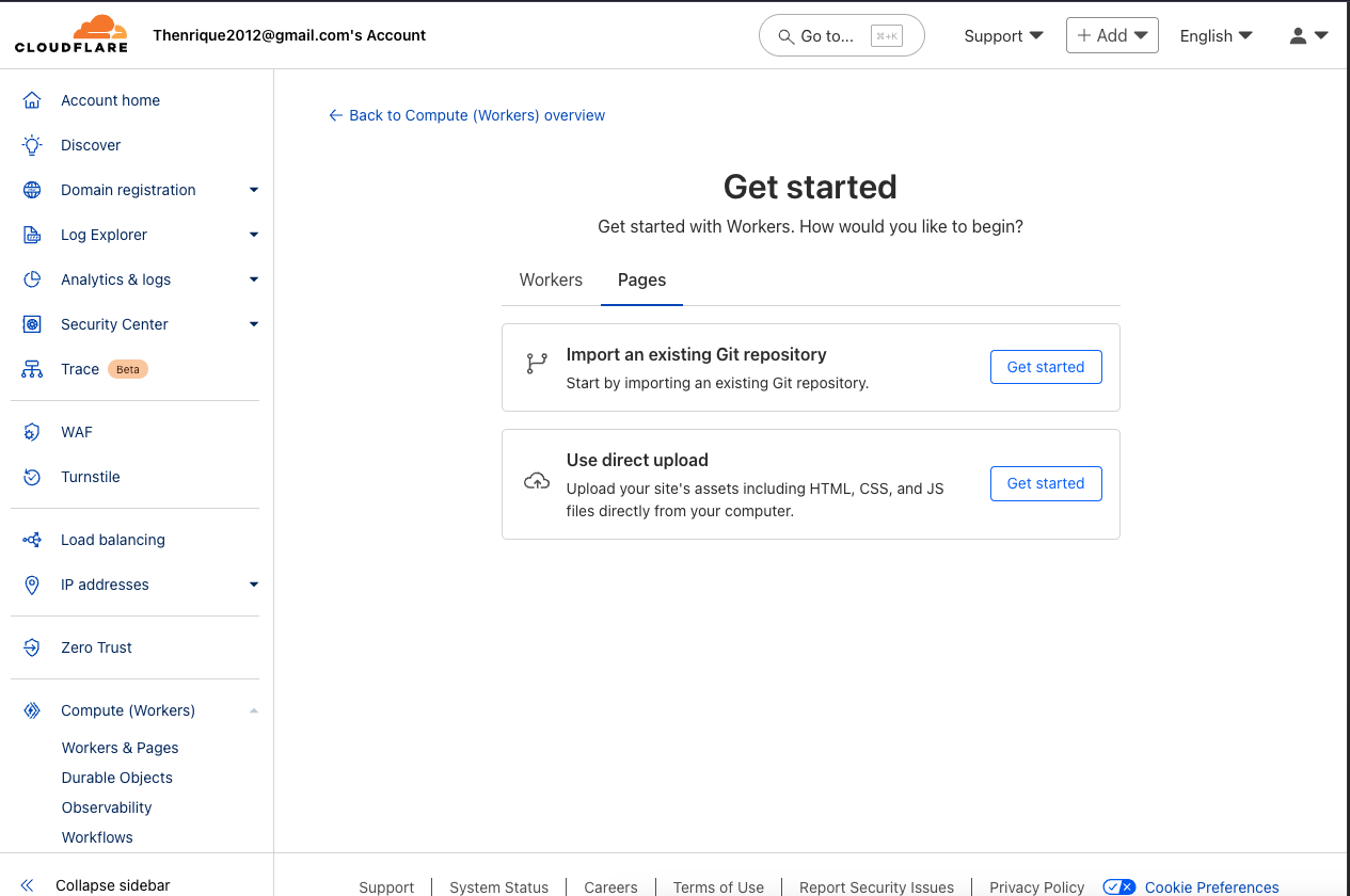 Painel da Cloudflare de importação de projeto
