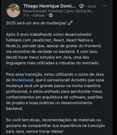 Print da minha postagem em meu perfil do Linkedin